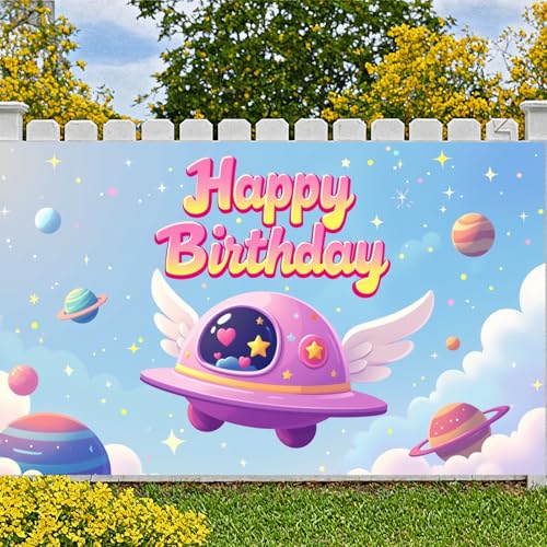Pink Space Birthday Backdrop Galaxy Planet Rocket Party Banner 35x70