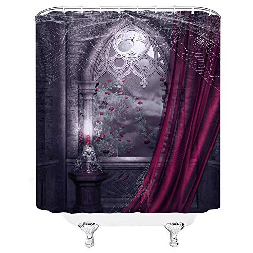 Gothic Halloween Shower Curtain 70x70 Inch - Spooky Skull & Castle Decor