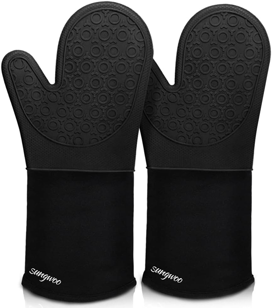 Sungwoo Extra Long Silicone Oven Mitts - Heat Resistant, Non-Slip Grip for BBQ & Baking | 14.6 Inch Black