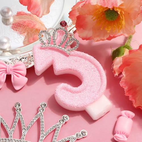 LASILE Pink Crown Number 3 Birthday Candle for Girl's 3rd Birthday, Princess Cake Topper, Party Supplies