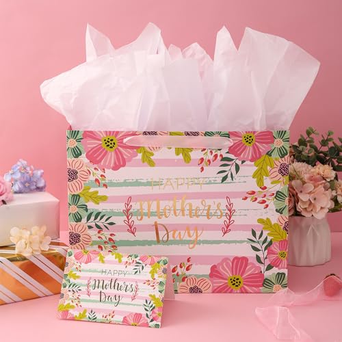 Large Mother's Day Gift Bag with Card & Tissue Paper - Floral Design