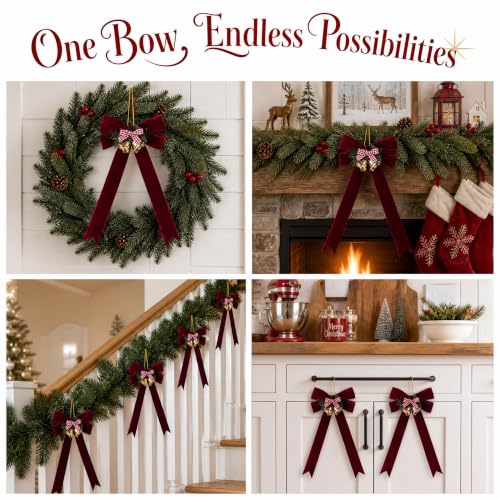 Burgundy Velvet Ribbon Bow Christmas Tree Ornaments with Brass Bells - 2 Pcs