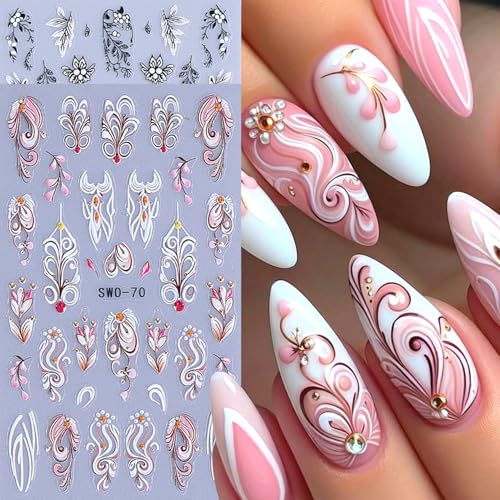 3D Embossed Floral Vine Nail Art Stickers - Retro Black White Pink Nail Decals
