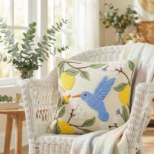 AVOIN colorlife Floral Lemon Hummingbird Embroidered Pillow Cover 18x18
