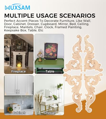 MUXSAM Wood Carved Appliques Onlays - 4-Pack Unpainted Rubber Wood Decals