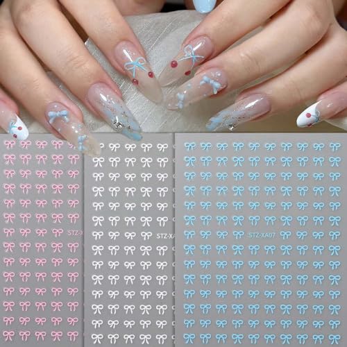 Valentine Bow Nail Art Stickers 3D Self Adhesive Pink White Blue Decals