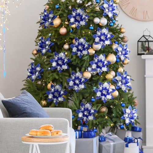 108 Pieces Christmas Glitter Poinsettia Flowers with Clips & Stems - Navy Blue