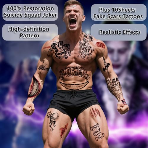 Joker Temporary Tattoos 13 Sheets Halloween Costume Makeup Scars