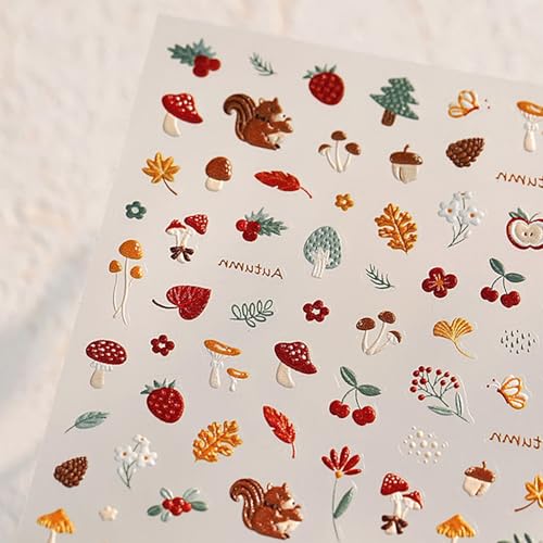 5D Fall Nail Stickers Autumn Maple Leaf & Squirrel Self-Adhesive Decals