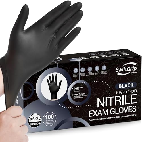 SwiftGrip Black Nitrile Exam Gloves - Latex Free Disposable for Medical, Cooking & Esthetician Use