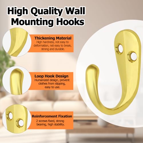 Bonsicoky Wall Mounted Coat Hooks - 10 Pcs Gold Zinc Alloy Hangers