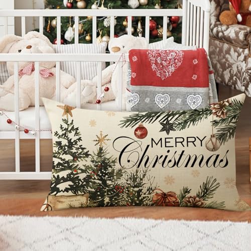 Merry Christmas Tree Lumbar Throw Pillow Cover, 12 x 20 Cotton Linen