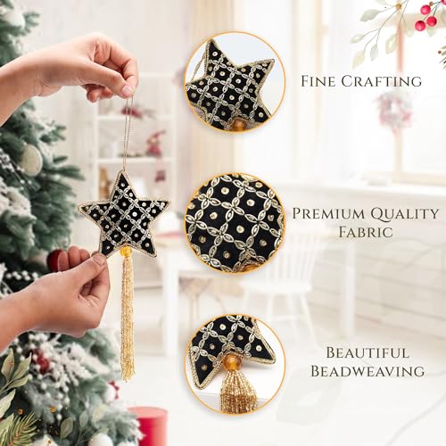 Set of 3 Black & Gold Hand-Beaded Christmas Star Ornaments for Tree