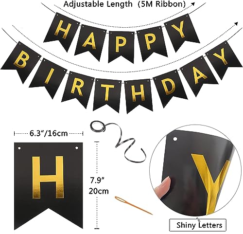 Happy Birthday Banner Set - Black & Gold Party Decor for All Ages
