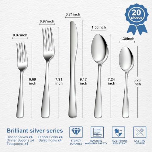 BEWOS 20-Piece Stainless Steel Silverware Set for 4 - Dishwasher Safe
