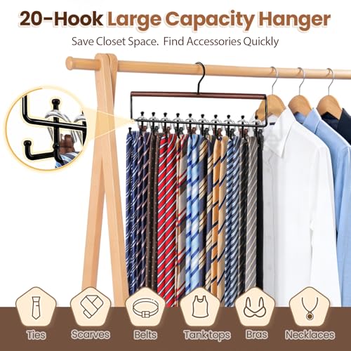 Wood Belt and Tie Organizer Rack with 20 Hooks - Space Saving Closet Storage