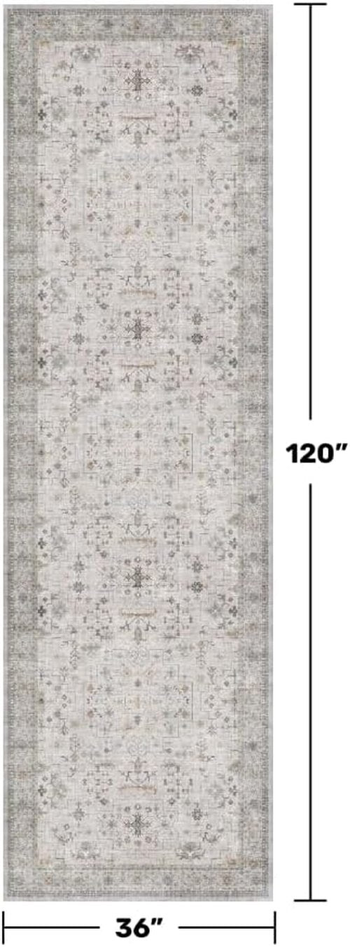 Hazo Haus Light Gray Kitchen Rug - Modern Boho Floral Design, Washable Non-Slip Runner 3x10 ft