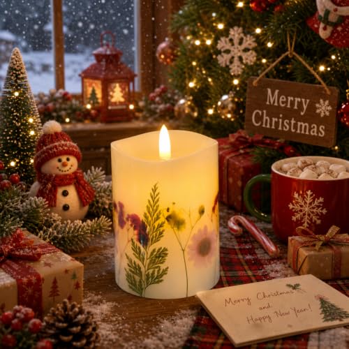 Flameless Christmas Candles Set of 3 with Pine Botanical Design & Remote Timer