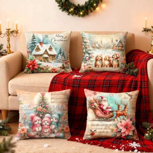 Vintage Christmas Throw Pillow Covers Set of 4 - 18x18 Soft Linen