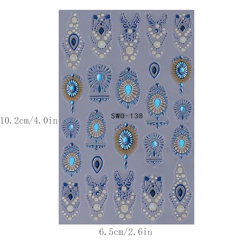 Bohemian 3D Self-Adhesive Nail Decals Retro Blue Boho Nail Art Stickers - 2Pcs