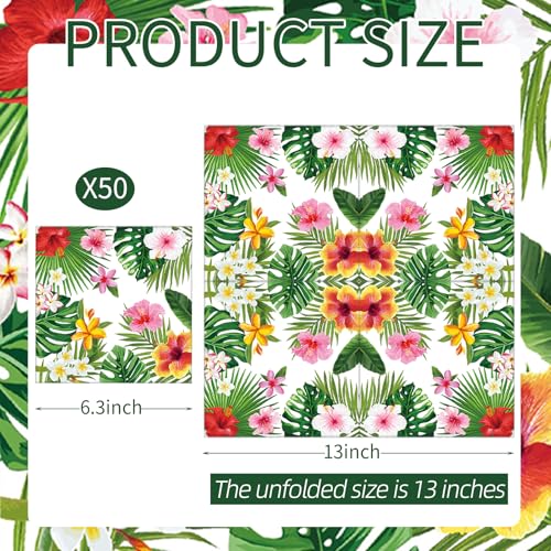 Merriva Tropical Hibiscus & Greenery Paper Napkins, 50 Count, Disposable Summer Party Decor