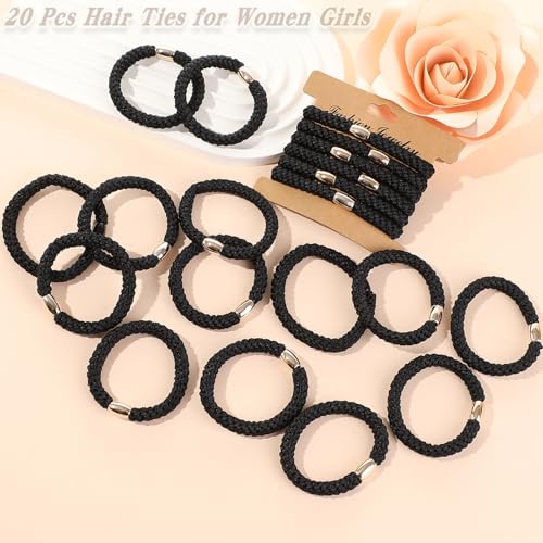 Elastic Hair Ties 20 Pcs - Soft Braided Ponytail Holders for Thick Hair Black