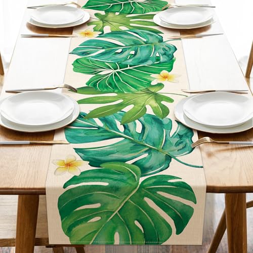 Tropical Monstera Palm Leaves Table Runner - 13x36 Inches