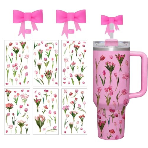 Waterproof Flower Stickers & Bow Straw Covers for Stanley Cup Tumblers