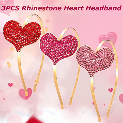NVENF 3PCS Rhinestone Heart Headbands for Women Valentine's Day