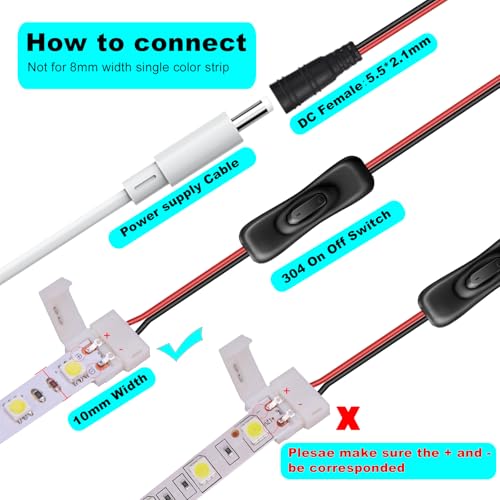 2 Pin LED Strip Connector with Inline Switch - 3 Pack for 10mm Lights