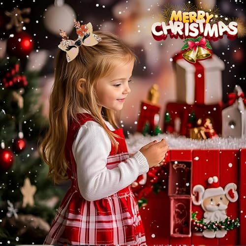 Christmas Reindeer Antler Bow Hair Clips Set of 4 Glitter Holiday Barrettes