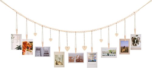 KLOGTSIND Hanging Photo Display - Boho Picture Frame Collage with 9 Wood Clips | Perfect for Office or Kids' Art Decor