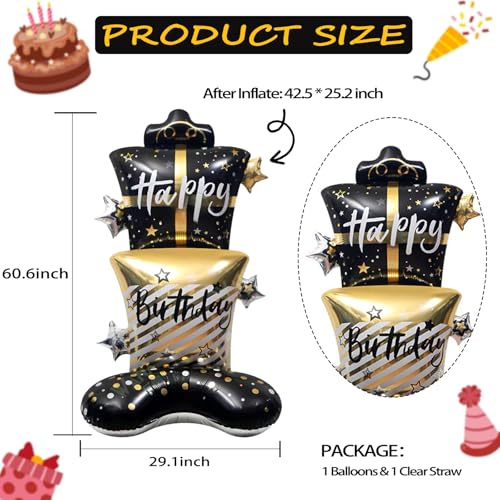 Standing Black Gold Gift Box Foil Balloon - Happy Birthday