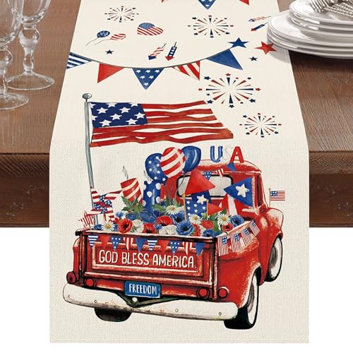 Patriotic 4th of July Table Runner 13x72 Inches - Linen Decor