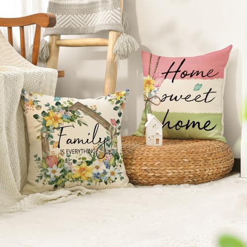 Floral Throw Pillow Covers 18x18 Inch, Spring Decorative Cushion Cases Set of 4