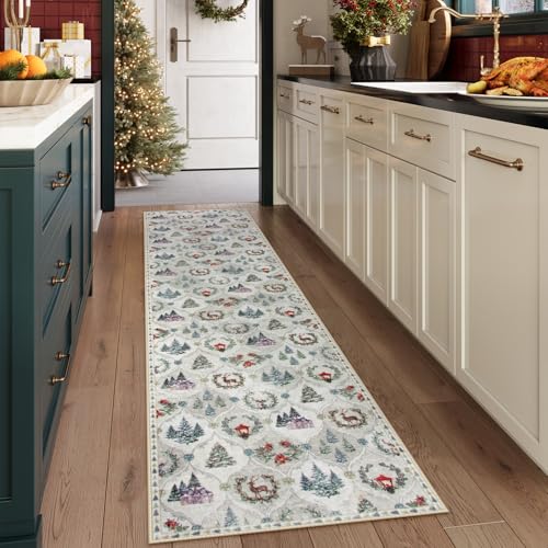 Lahome Christmas Runner Rug 2x8 White/Multi Washable Hallway Rug