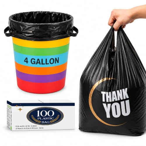 YoYoRain Black 4-Gallon Trash Bags with Handles - 100 Pack, 11x21 Inch Small Garbage Bags for Kitchen Bathroom Office