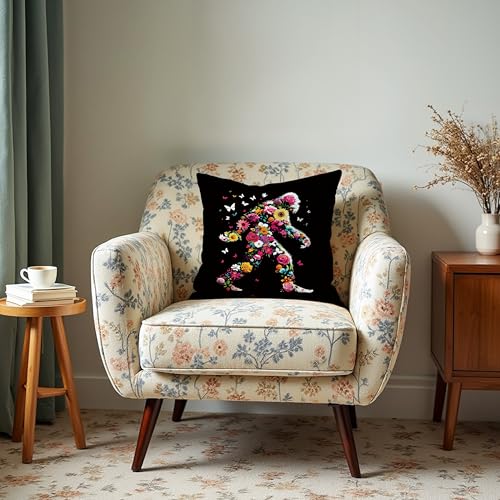 Bigfoot Pillow Cover 18x18 - Boho Floral Sasquatch Decor
