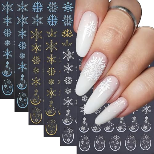 Snowflake Nail Art Stickers 6 Sheets – Gold White Blue 3D Decals for Winter Holidays