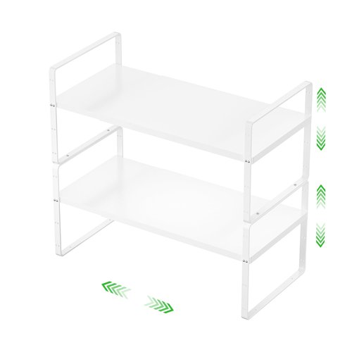 SOFRON Expandable Cabinet Storage Shelf Stackable Organizer Rack for Kitchen Bathroom Pantry Spice Cupboard Countertop Home Office Desk Heavy Duty Nonslip White Large 2 PACK