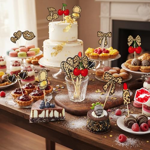 24 Pcs Leopard Print Cherry Cupcake Toppers for Birthday Parties