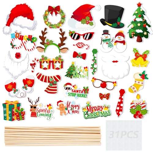 Christmas Photo Booth Props 31-Piece Set with Sticks for Holiday Parties