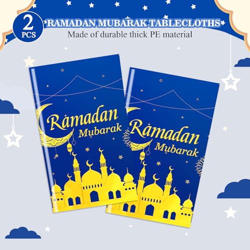 Ramadan Mubarak Table Covers - 2 Pack Disposable Plastic Tablecloths 54" x 108"