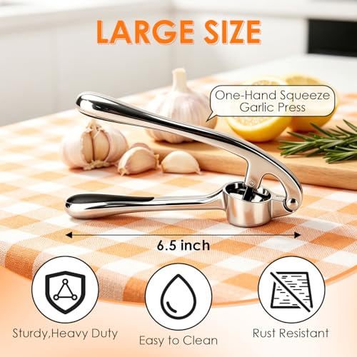 TACGEA Garlic Press Set with Peeler & Brush - Rust Proof, Heavy-Duty