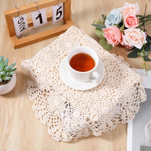 Beige Handmade Cotton Table Doilies - 15.7 Inch Vintage Lace Placemats