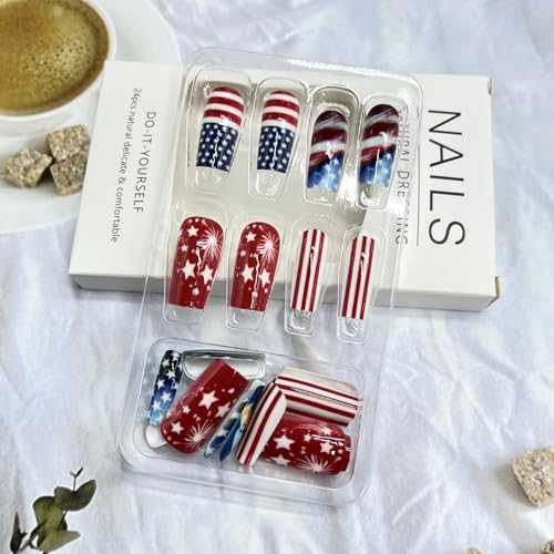 4th of July Medium Coffin Press on Nails - USA Flag & Star Design