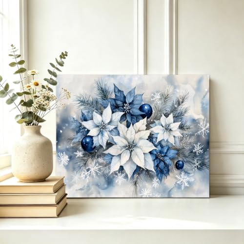 Christmas Wall Art Canvas - Blue and White Poinsettia Floral Decor 20x16 Inch - Ready to Hang