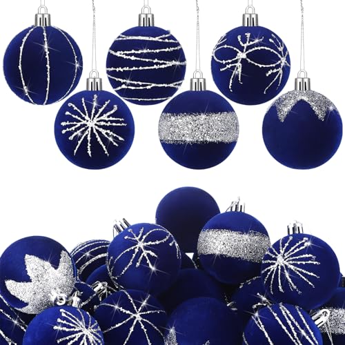 24 Pcs Royal Blue Velvet Glitter Christmas Ornaments Shatterproof Balls