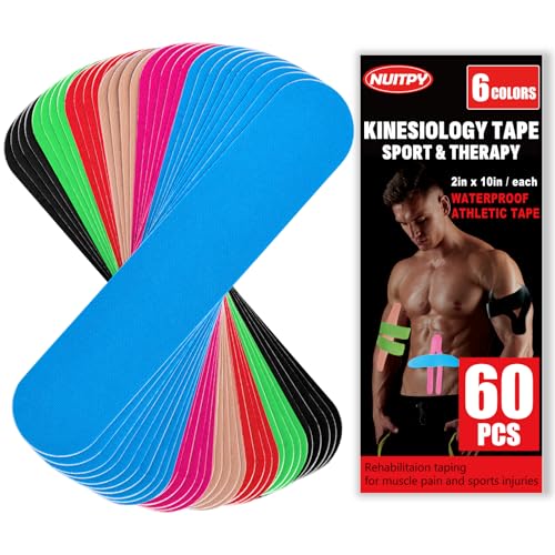 60PCS Precut Kinesiology Tape Strips, 6 Colors 2 inch x 10 inch Cotton Athletic Tape, Kinetic Tape, Elastic Muscle Tape, Sports Tape, Knee Tape for Exercise and Daily Use