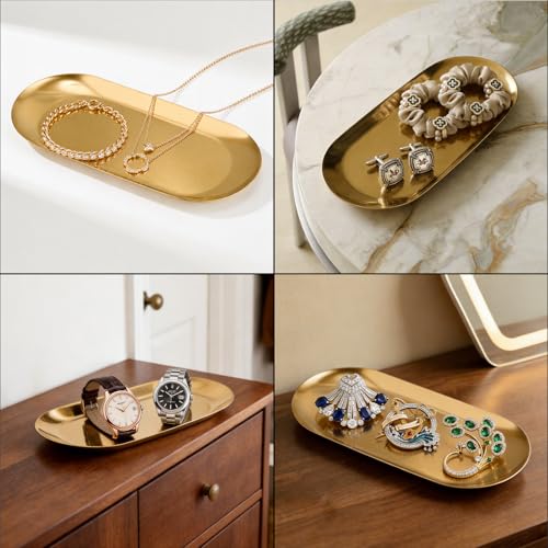 Vaincre 7" Gold Stainless Steel Oval Jewelry Tray - 2 Piece Decorative Set